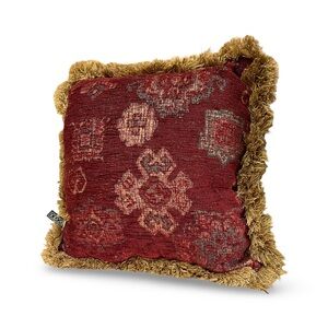Borgata Old World Elegant Tapestry Throw Pillow in Deep Red Kilim w/ Gold Fringe
